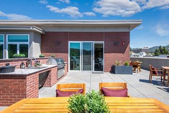 Rooftop BBQ area with seating at Second & B Street, San Rafael, California